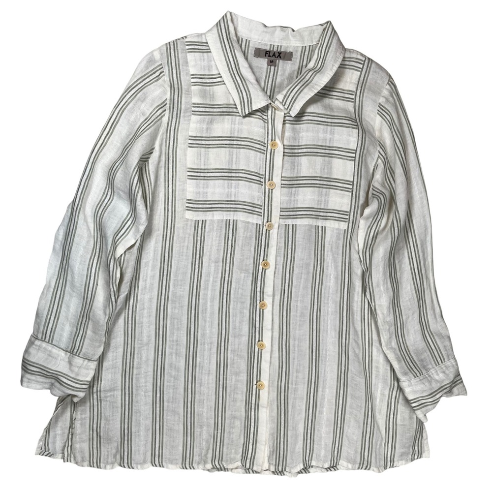 Flax‎ Linen Shirt Women's Sz M White Green Striped Button Down Lagenlook Tunic